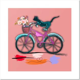 Tuxedo cat riding pink bike Posters and Art